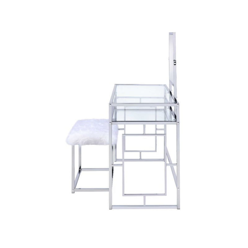 Carenze II - Vanity Set - White Faux Fur & Chrome