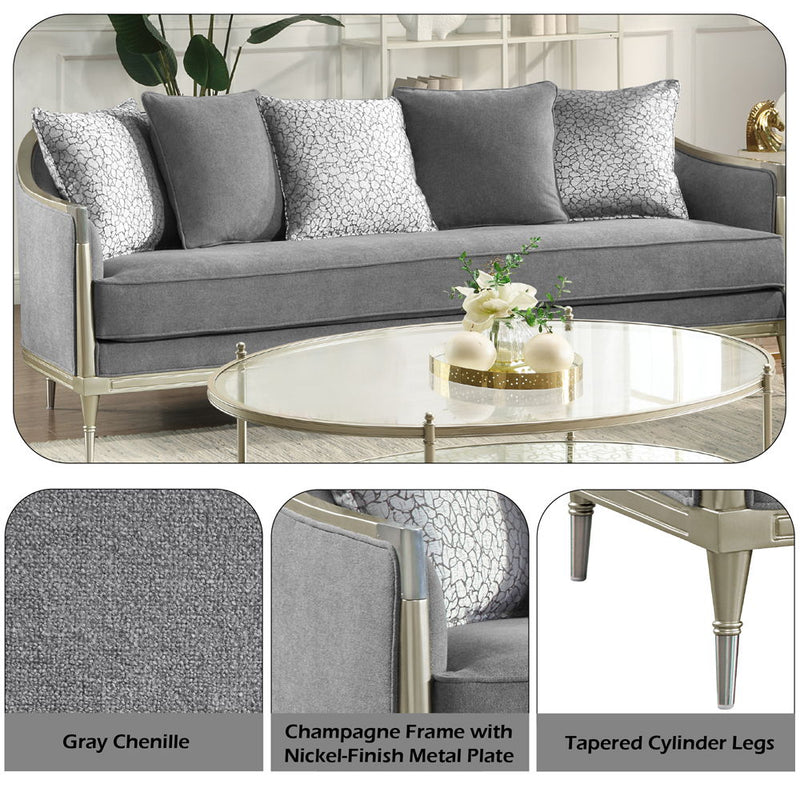 Fernando - Sofa With 5 Pillows - Gray Chenille & Champagne