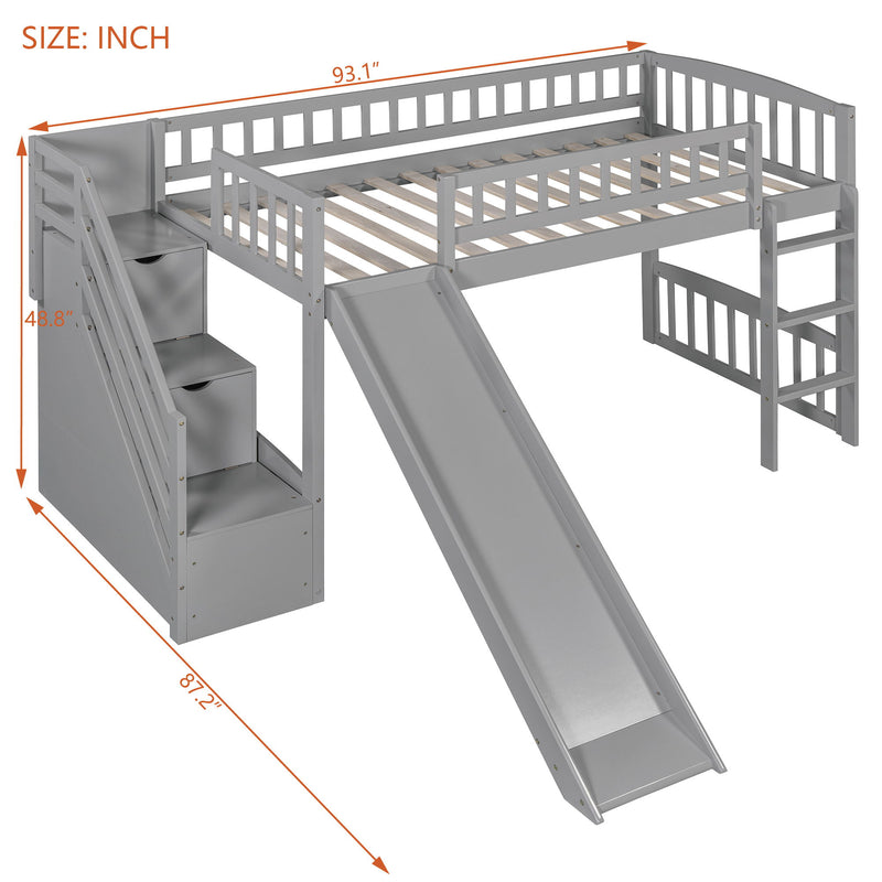 Loft Stairway Bed With 2 Drawers, Convertible Ladder And Slide