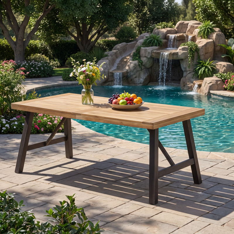 Outdoor Weather Resistant Dining Table With Slat Panel Design - Natural / Gray