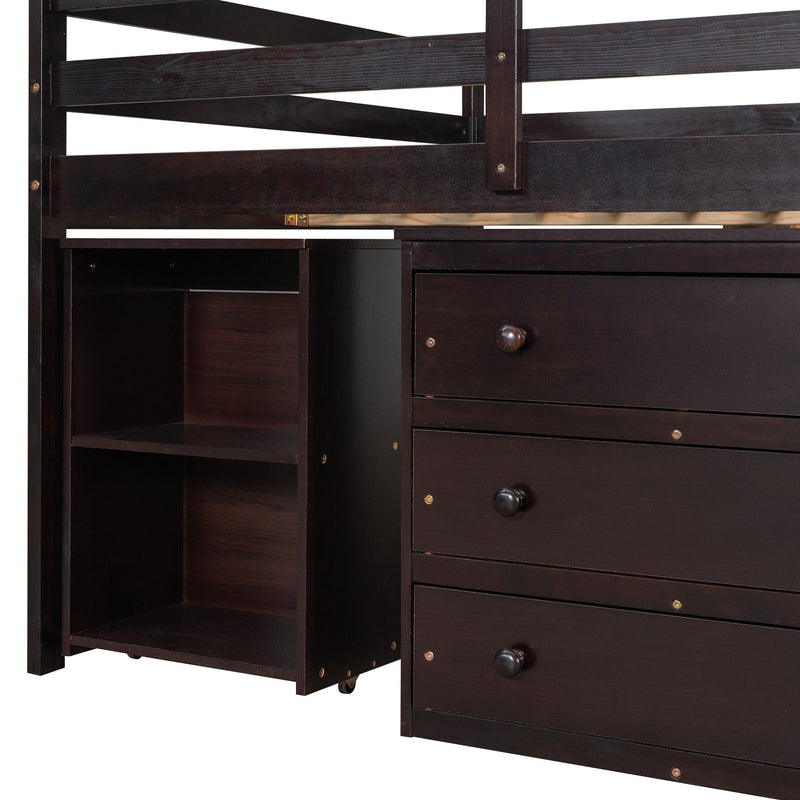 Loft Low Study Bed With Cabinet, Shelves And Rolling Portable Desk, Multiple Functions