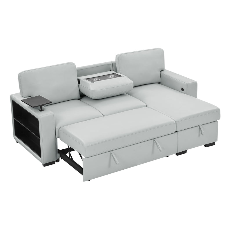 U0212 - Pull Out Sofa Bed With 1 Table Tray, 1 USB, And Storage Chaise - Silver