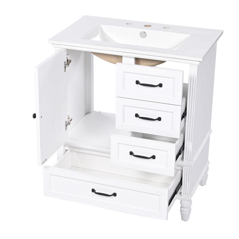 30" Bathroom Vanity With Sink, 3 Drawers, Adjustable Feet