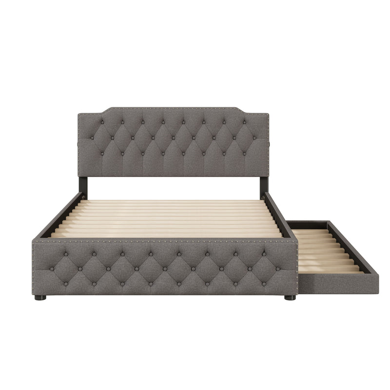 Upholstered Platform Bed With Trundle And 2 Sets Of USB Ports On Each Side, Fabric