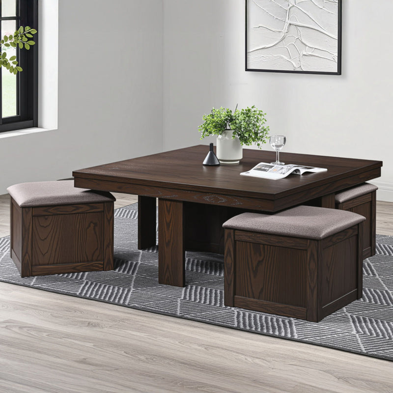 Paxton - 5 Piece Living Room Set (Storage Coffee Table With 4 Tuck-In Ottomans) - Dark Brown