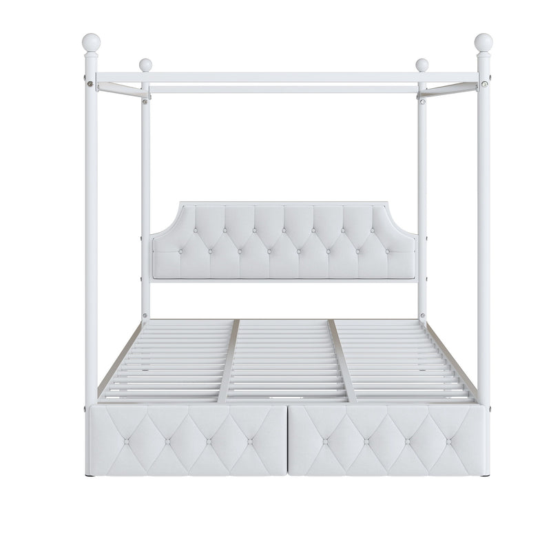 Queen Size Canopy Platform Bed With Upholstered Headboard And 2 Storage Drawers - White