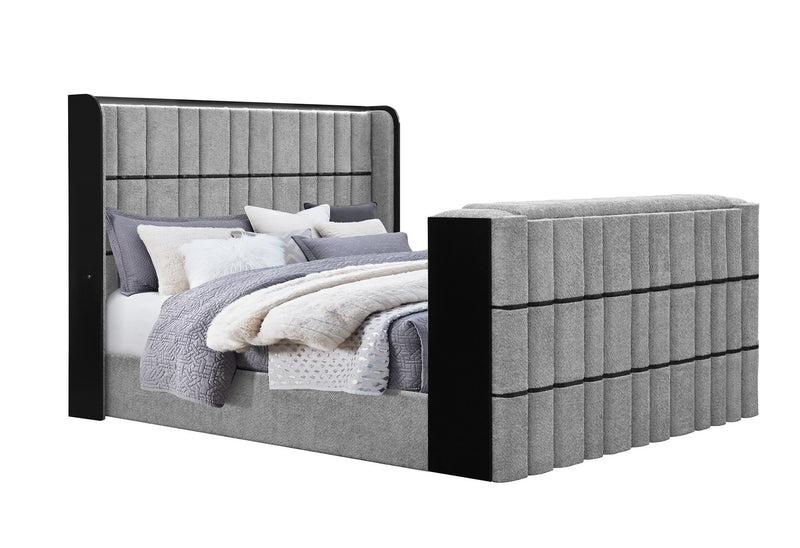 Isabella - 5 Piece King Bedroom Set (King Bed With LED, TV Lift, Bluetooth Speaker And Firpeplace Crystal) - Gray