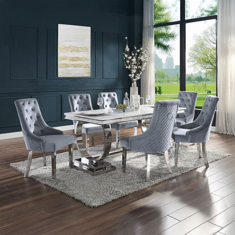 Zander - Dining Table - White Printed Faux Marble Top & Mirrored Silver