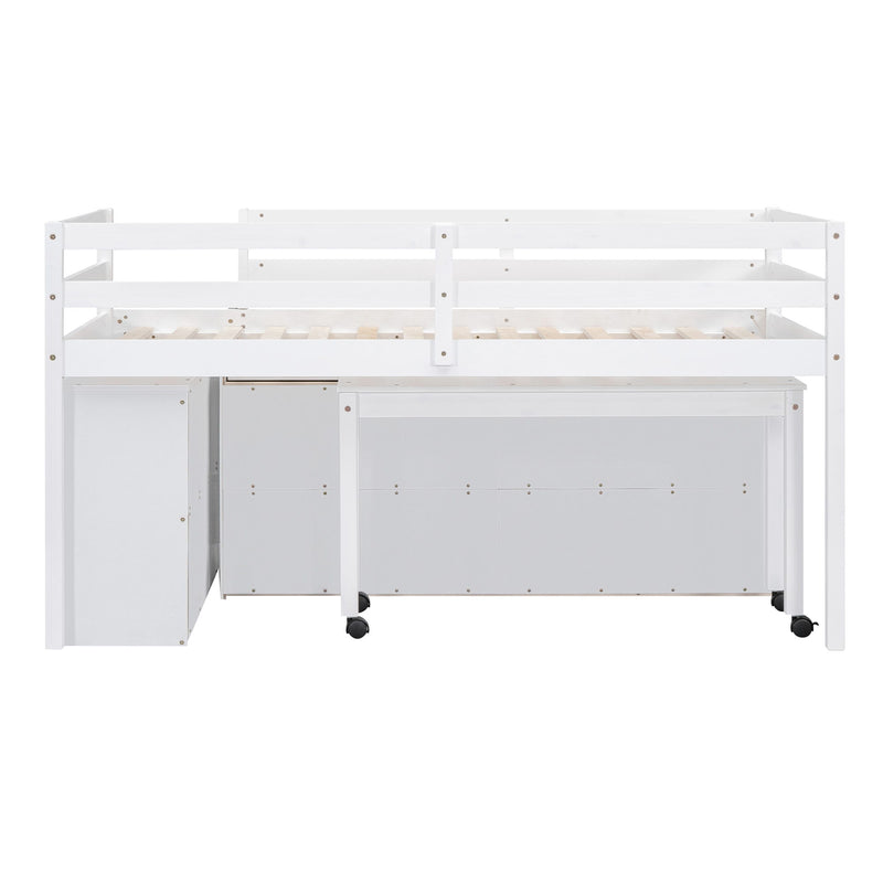Loft Bed With Retractable Writing Desk And 4 Drawers, With Lateral Portable Desk And Shelves