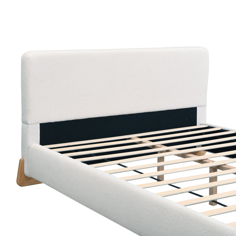 Queen Size Upholstered Bed With 12 Slats Support - White