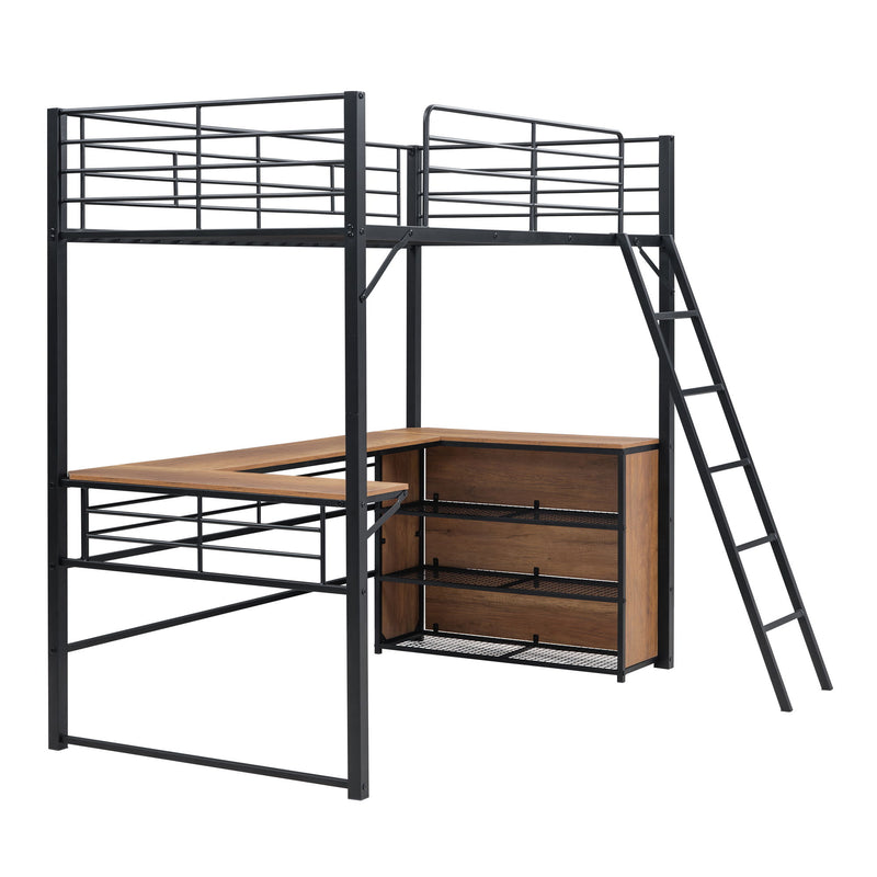 Loft Bed & 3 Layers Of Shelves And L-Shaped Desk