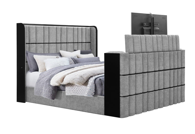 Isabella - 5 Piece King Bedroom Set (King Bed With LED, TV Lift, Bluetooth Speaker And Firpeplace Crystal) - Gray