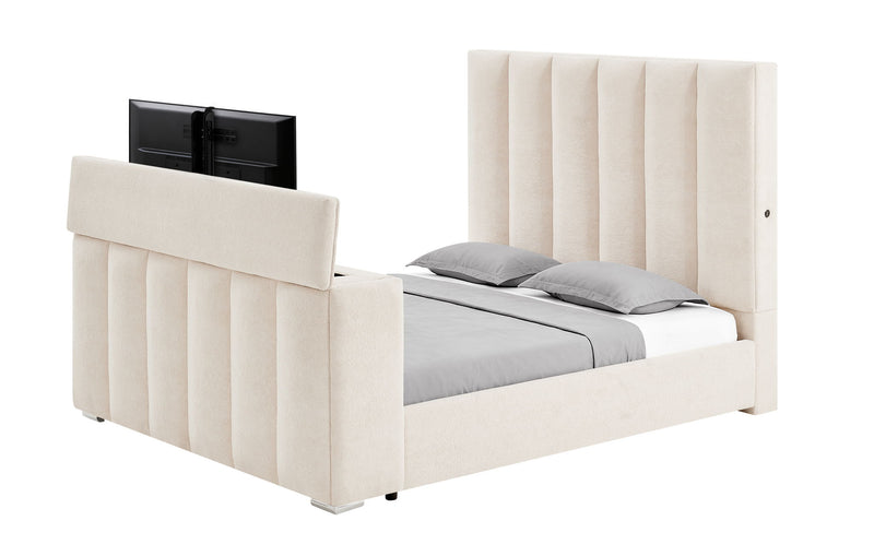 Serenity - Queen Bed With Speaker, TV Lift, Fireplace - Cream