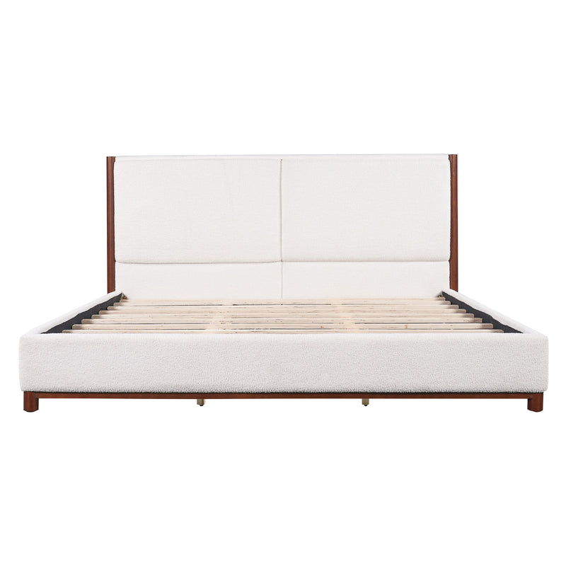 King Upholstered Bed Frame, No Box Spring Needed - Walnut / White