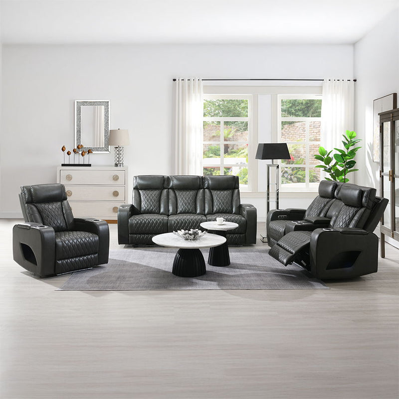 Taddeo - Power Motion Loveseat With Console, Speaker, USB, Wireless Charger & LED - Dark Gray