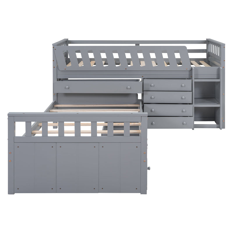 Loft Platform Bed With 7 Drawers And Full Guardrails, Modern L Shaped Space Savin