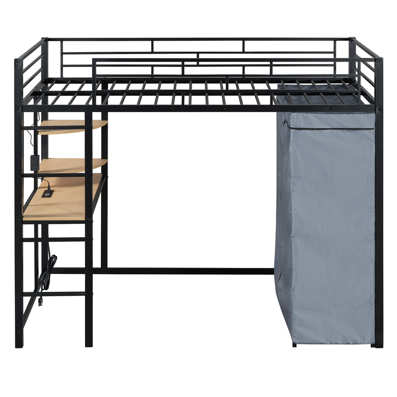 Loft Bed With Desk, Shelves, Power Outlet, LED Light And Wardrobe