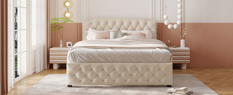 Upholstered Platform Bed With 2 Drawers And 2 Sets Of USB Ports On Each Side, Fabric