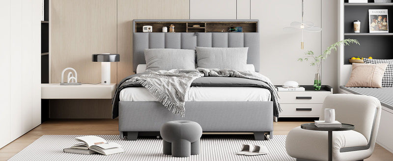 Upholstered Platform Bed With Storage Headboard, Trundle & 2 Drawers And A Set Of Sockets & USB Ports