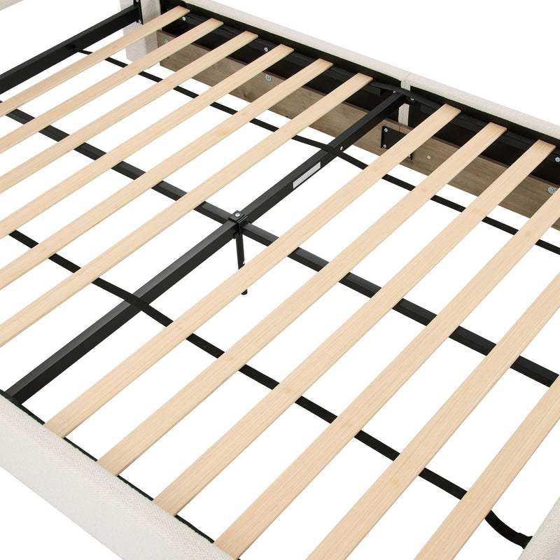 Linton - Queen Size Upholstered Platform Bed - Cream White / Light Grey / Camel Oak