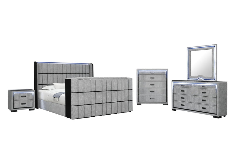 Isabella - Queen Upholstered Bed With LED, TV Lift, Bluetooth Speaker And Firpeplace Crystal - Gray