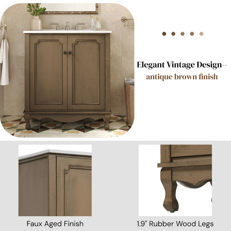 Vintage Bathroom Vanity With Ceramic Sink, Adjustable Shelves