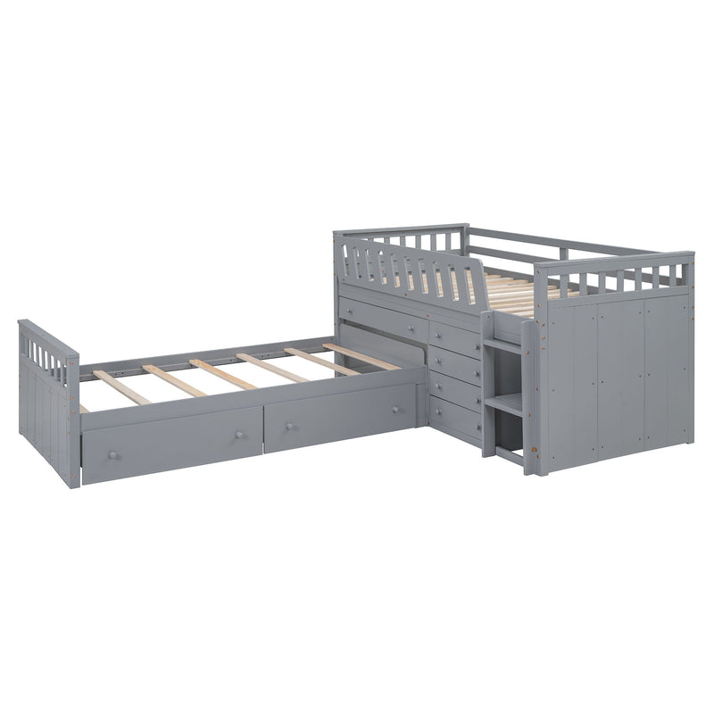 Loft Platform Bed With 7 Drawers And Full Guardrails, Modern L Shaped Space Savin