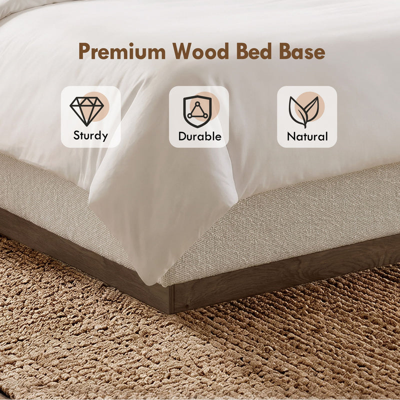 Linton - Queen Size Upholstered Platform Bed - Cream White / Light Grey / Camel Oak