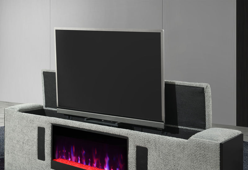 Isabella - King Upholstered Bed With LED, TV Lift, Bluetooth Speaker And Firpeplace Crystal - Gray