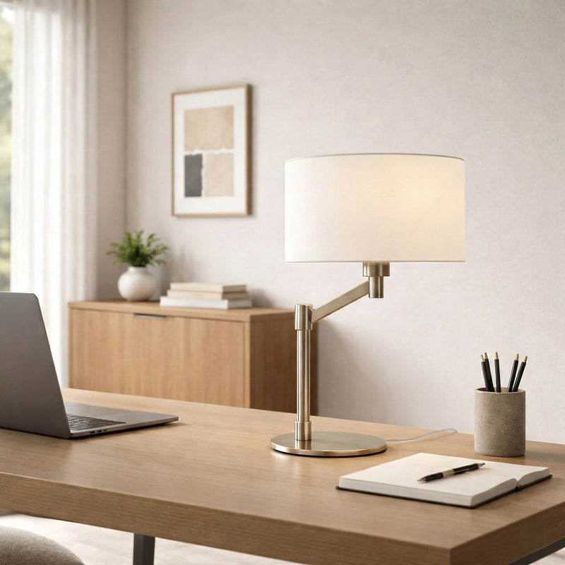 Horizon - Lámpara de mesa con interruptor de encendido/apagado, base curva, pantalla de lino - Níquel cepillado / Plata / Blanco