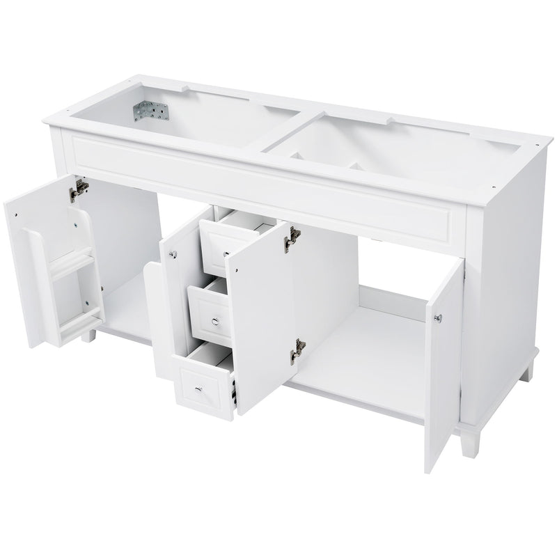 Bathroom Vanity Cabinet Only, 3 Drawers & 4 Doors & Double Layer Shelves - White
