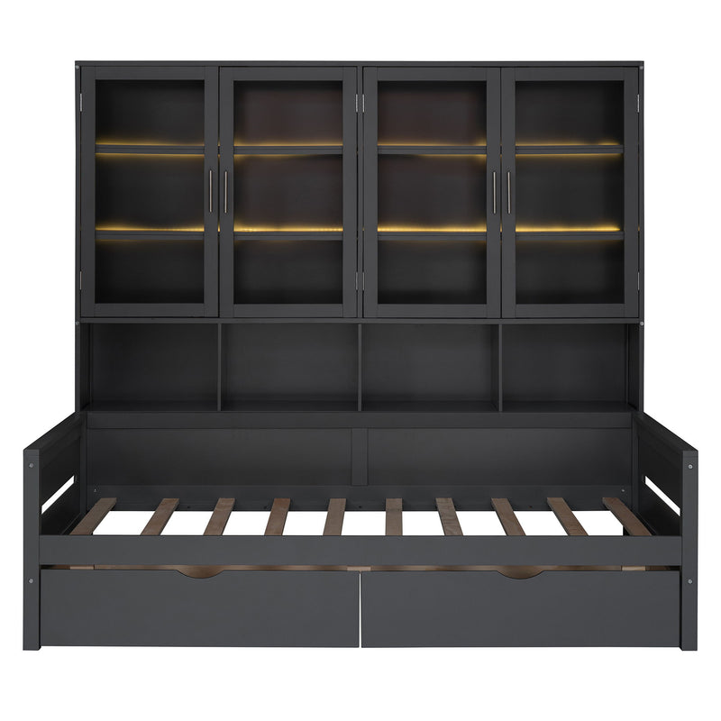 Daybed With Glass Door Storage Cabinets, Built In LED Lighting And Shelves