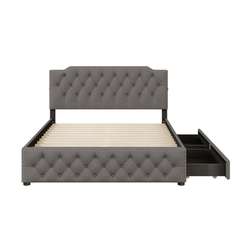 Upholstered Platform Bed With 2 Drawers And 2 Sets Of USB Ports On Each Side, Fabric