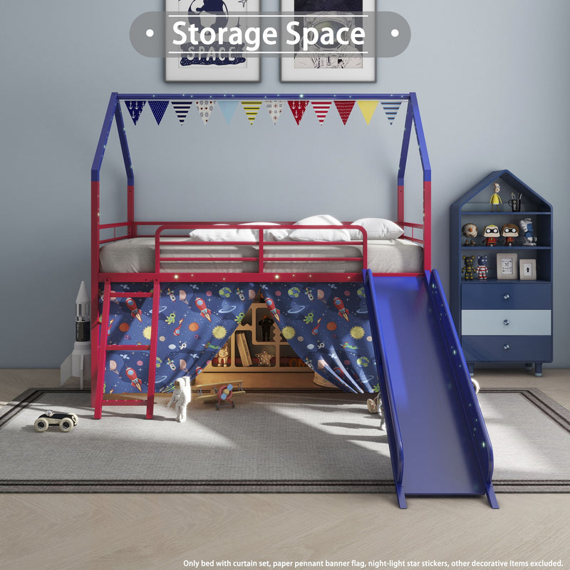 Jack - House Loft Bed With Slide And Curtain Set