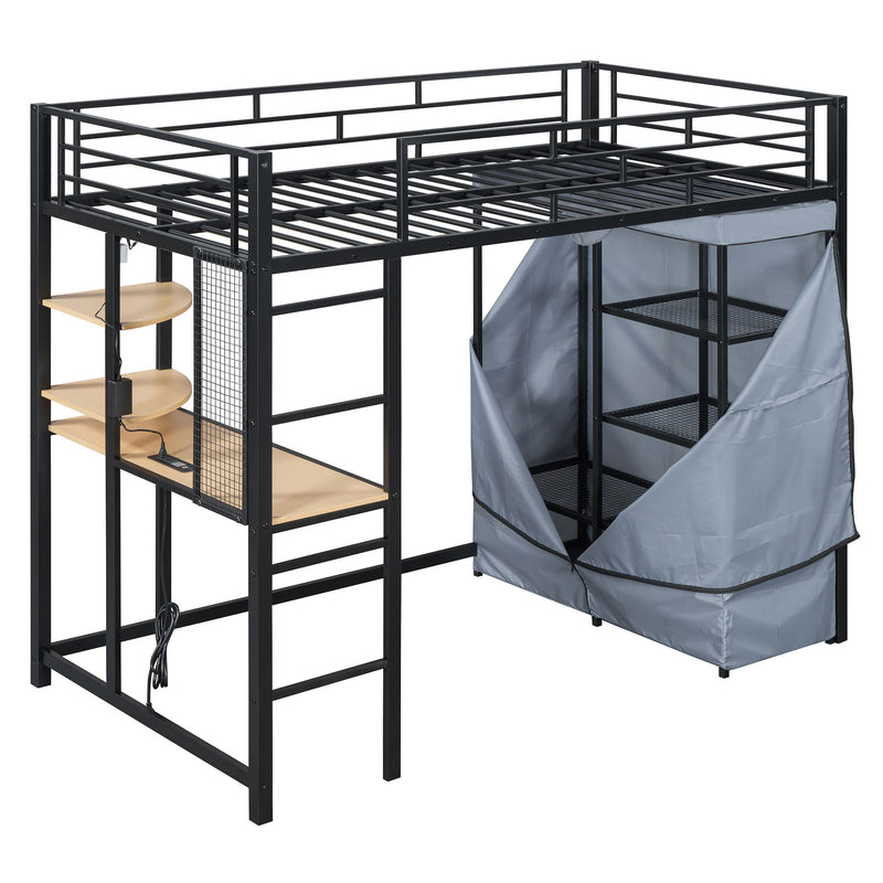 Loft Bed With Desk, Shelves, Power Outlet, LED Light And Wardrobe