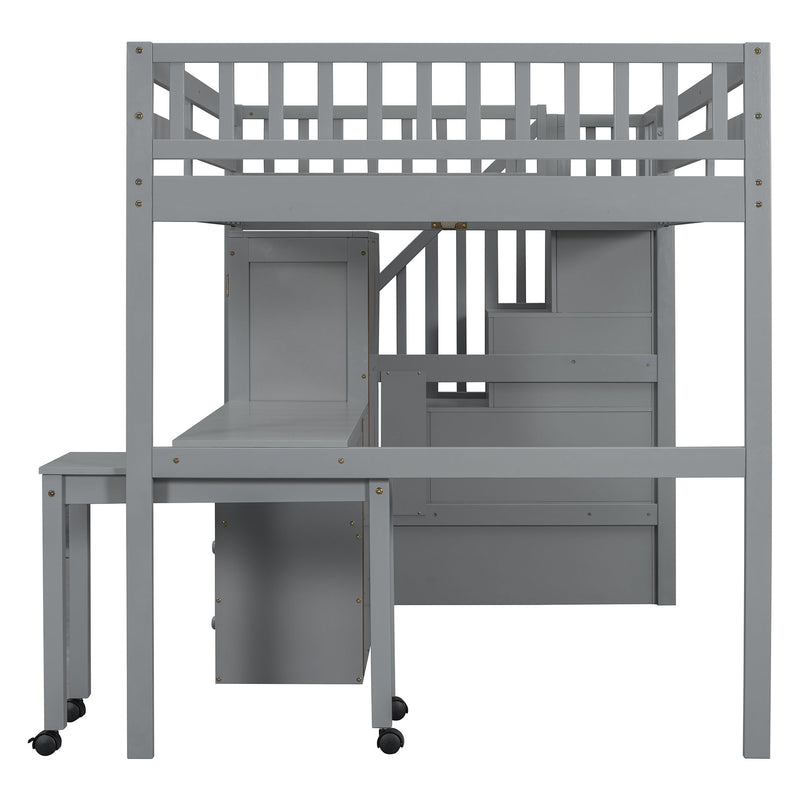Loft Bed With Stairs, Bookshelf, Drawers, Desk & Wardrobe, Space Saving Multifunctional Furniture