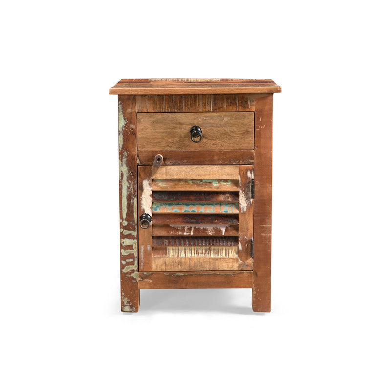 Recycled Wood Side Table With Drawer And Door - Natural