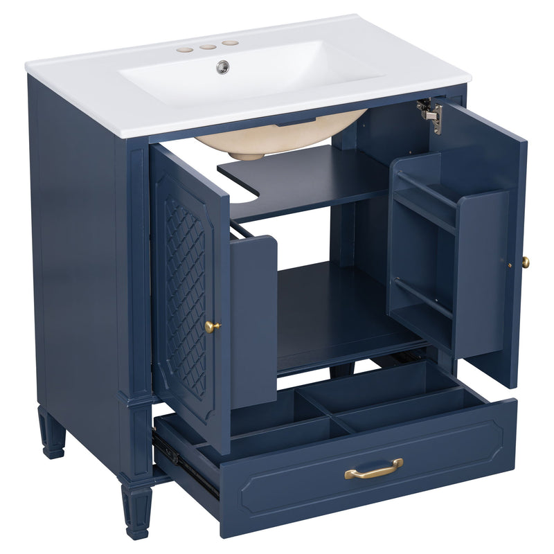 Tocador de baño con lavabo, puerta de cierre suave, almacenamiento multifuncional