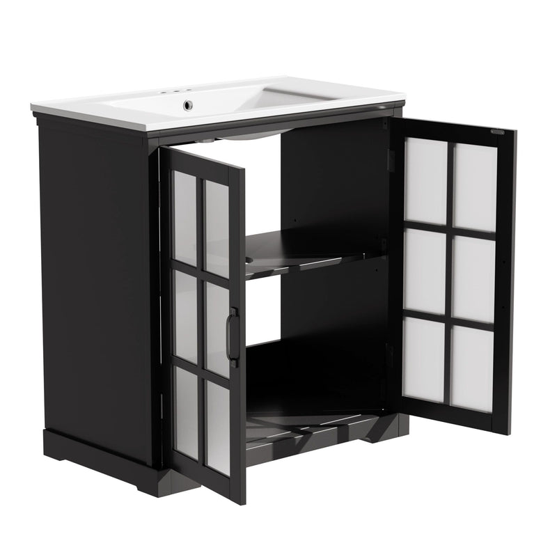 Modern Bathroom Vanity With Ceramic Sink, Tempered Blurred Glass Doors