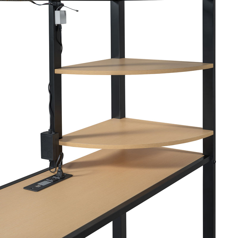 Loft Bed With Desk, Shelves, Power Outlet, LED Light And Wardrobe