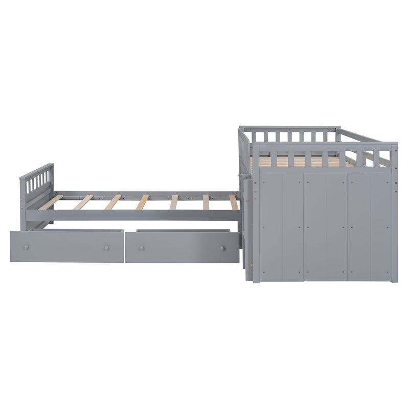 Loft Platform Bed With 7 Drawers And Full Guardrails, Modern L Shaped Space Savin