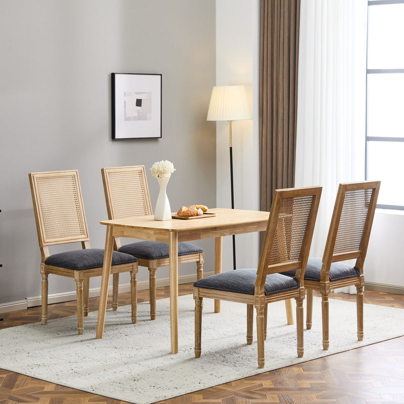 French Country Dining Chair With Rectangular Cane Backrest And Smooth Upholstered Seating