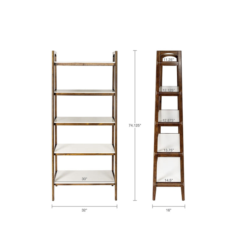 Mid - Century Design 5 Shelf Bookcase - Off White / Pecan