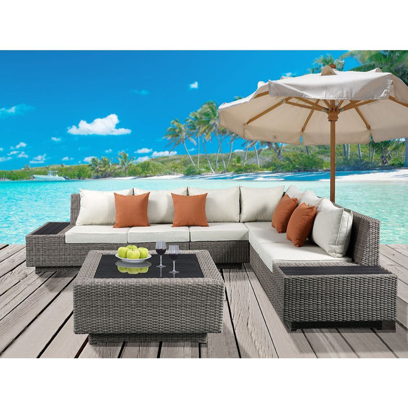 Salena - Patio Sectional Sofa With 4 Pillows & Coffee Table - Beige Fabric & Gray Wicker