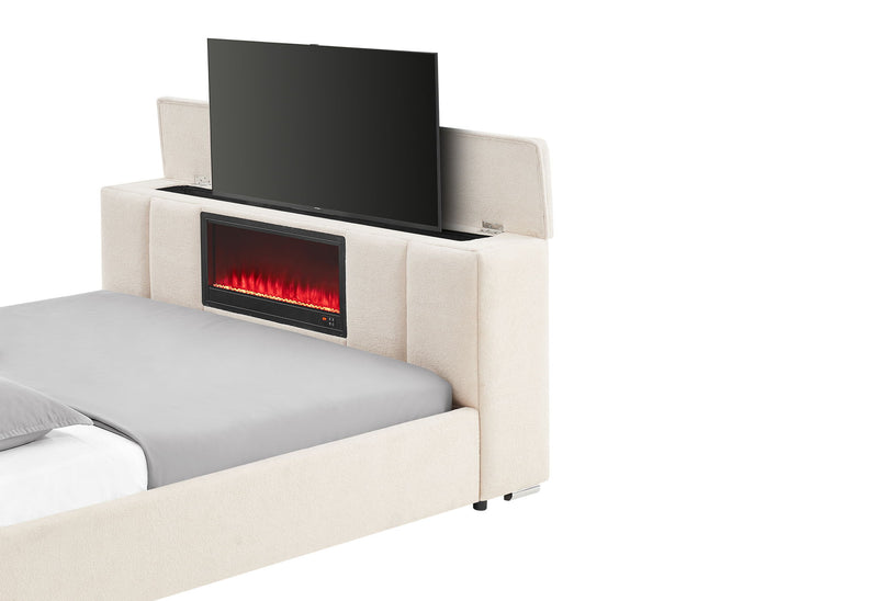 Serenity - King Bed With Speaker, TV Lift, Fireplace - Cream