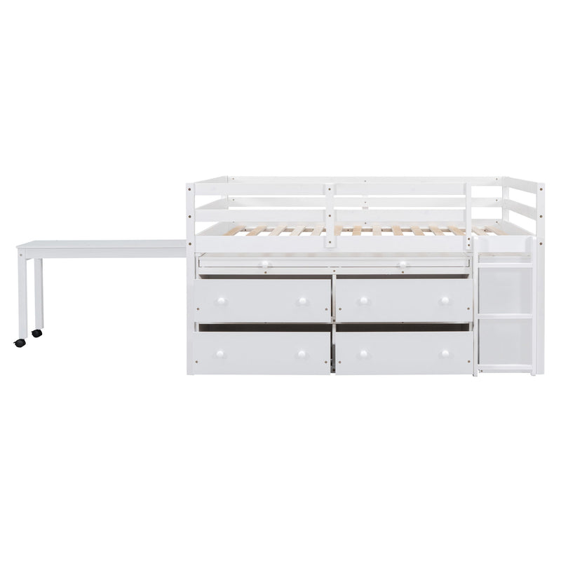 Loft Bed With Retractable Writing Desk And 4 Drawers, With Lateral Portable Desk And Shelves