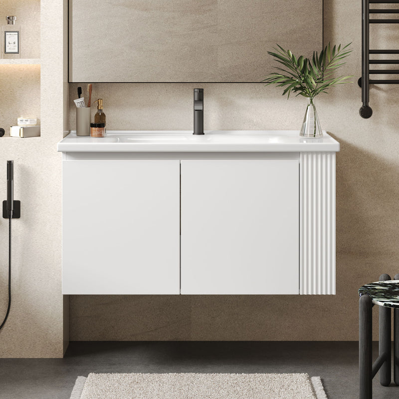 Wall Mounted Bathroom Vanity With Sink, 2 Open Shelves - White