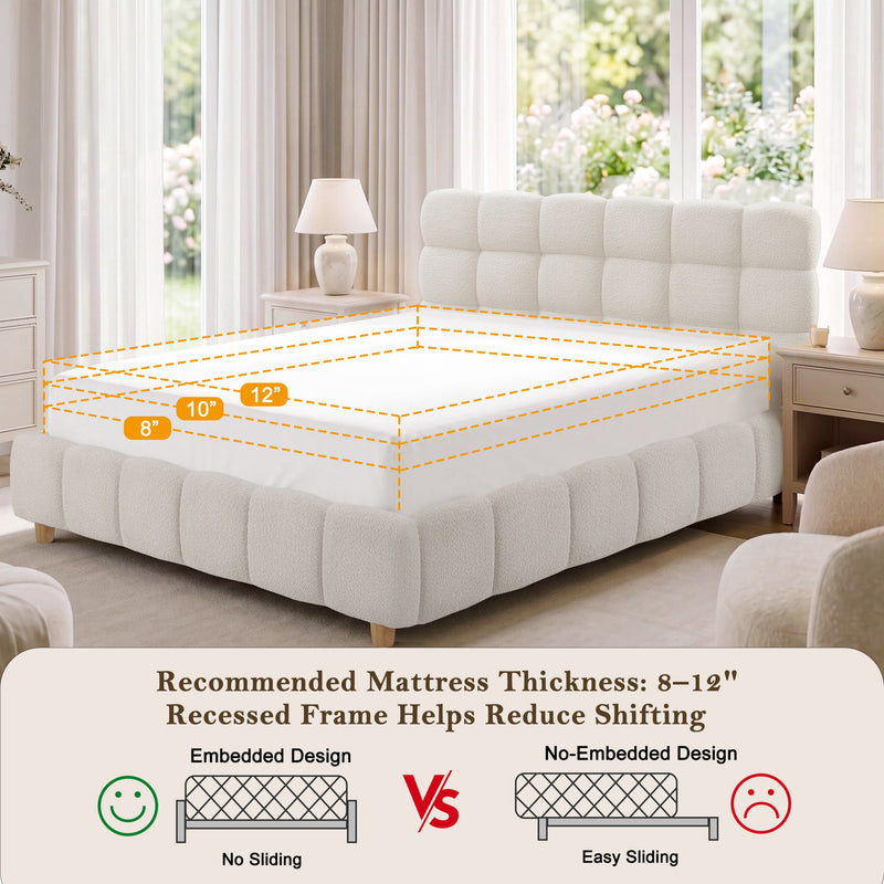 Pula - Queen Platform Bed With Upholstered Headboard, Slat Support, No Box Spring Needed - Ivory