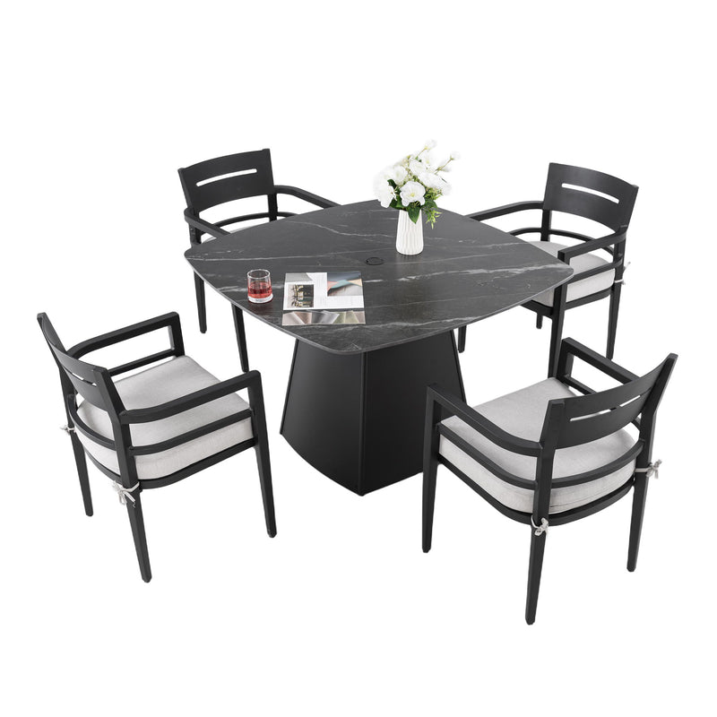 Outdoor Patio Dining Set, Squircle Dining Table, Dining Chairs With Sunbrella Cushions