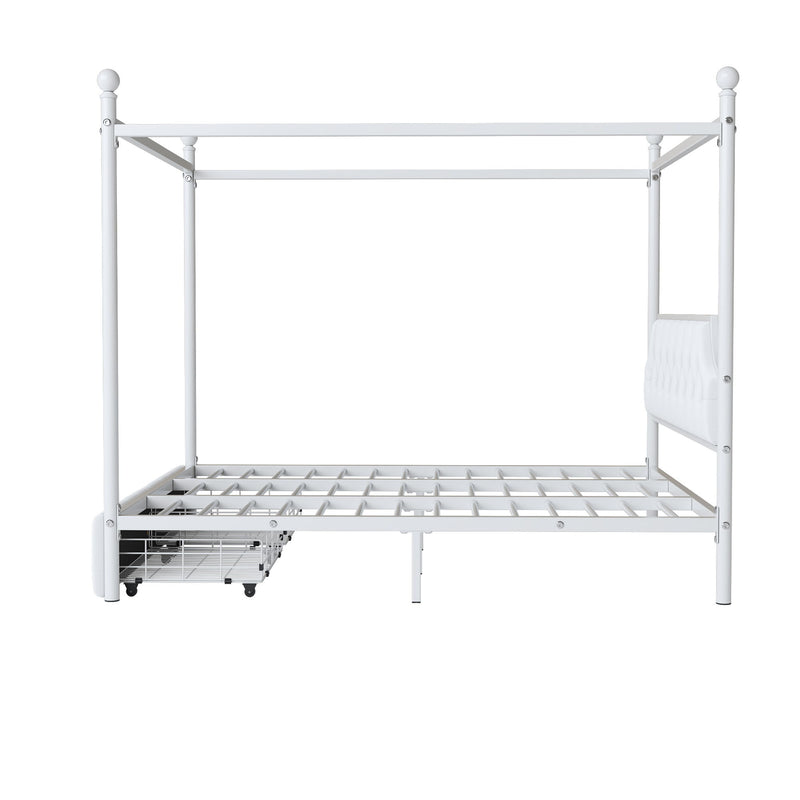 Queen Size Canopy Platform Bed With Upholstered Headboard And 2 Storage Drawers - White